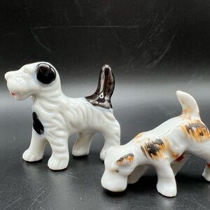 Vtg MCM Pair 2 Fox Wire Hair Terrier Dog Puppy Porcelain Tri-Color Japan